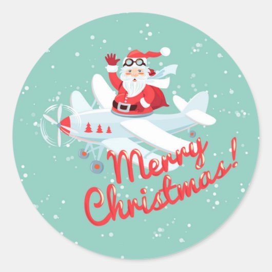 ヴィンテージサンタ飛行機メリークリスマス ラウンドシール (正面)