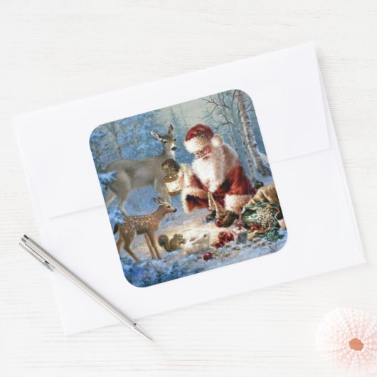 ヴィンテージサンタ食べ物を与えクロースの動物 スクエアシール (封筒)