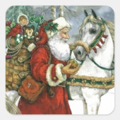 ヴィンテージサンタ食べ物を与えクロースの白馬 スクエアシール (正面)