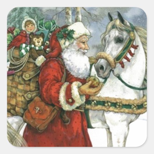 ヴィンテージサンタ食べ物を与えクロースの白馬 スクエアシール (正面)