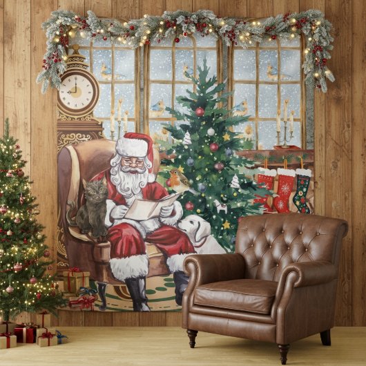 ヴィンテージサンタ　あたたかなクリスマス　動物　背景 タペストリー