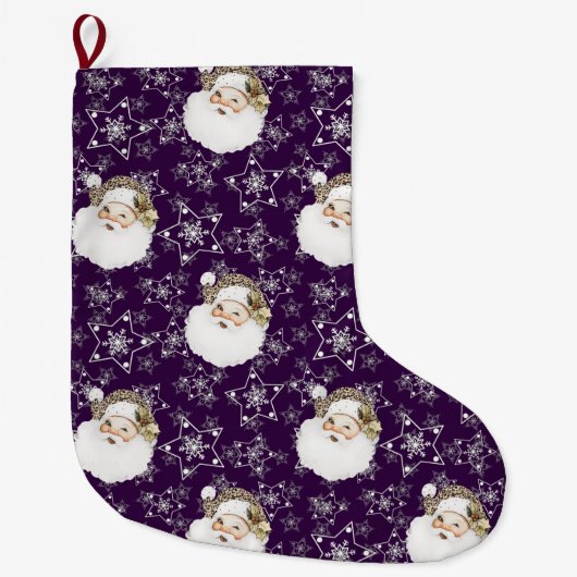 ヴィンテージサンタ&スターズパープル ラージクリスマスストッキング (正面)