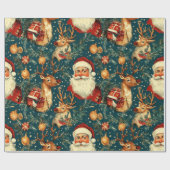 ヴィンテージサンタ&トナカイのクリスマス ラッピングペーパー (フラット)