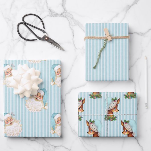 ヴィンテージサンタ&トナカイターコイズストライプ ラッピングペーパーシート (正面)