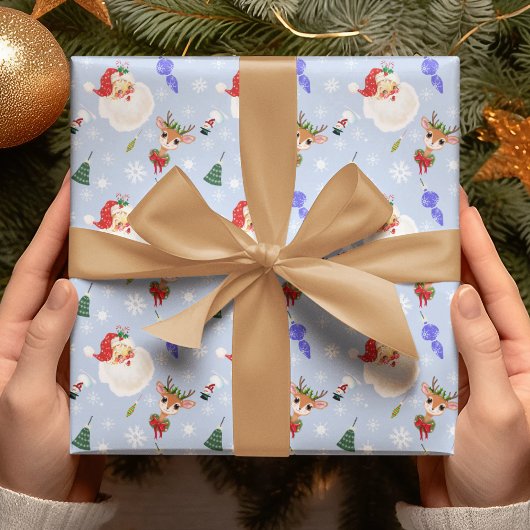 ヴィンテージサンタ・トナカイ雪片パターン ラッピングペーパー