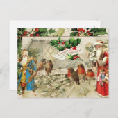 ヴィンテージサンタ、ホリーベリー、バードコラージュ シーズンポストカード (正面/裏面)