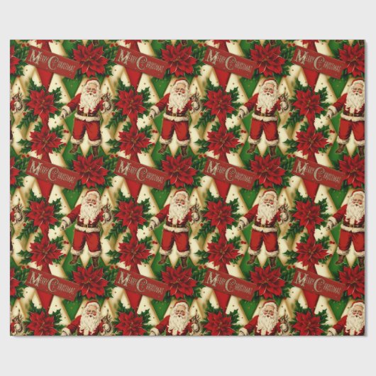 ヴィンテージサンタ&ポインセティアスコラージュ ラッピングペーパー (フラット)
