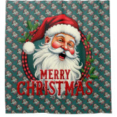 ヴィンテージサンタ メリークリスマス イラストパターン シャワーカーテン (正面)