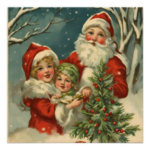ヴィンテージサンタ、子どもたち、クリスマスツリー ポスター