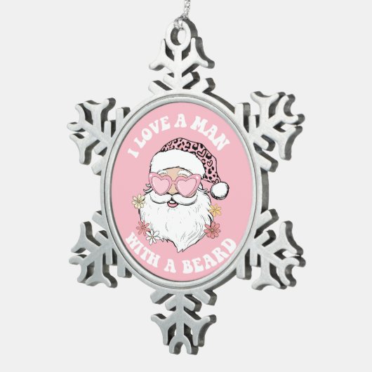 ヴィンテージサンタIはヒゲのピンクのクリスマスを持つ男性が大好き スノーフレークピューターオーナメント (右)