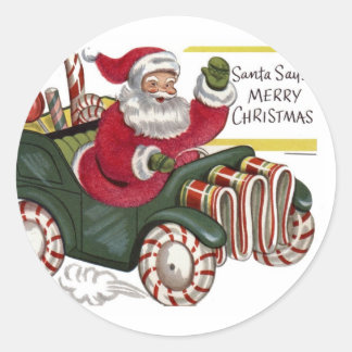 ヴィンテージサンタin車クリスマスステッカー ラウンドシール