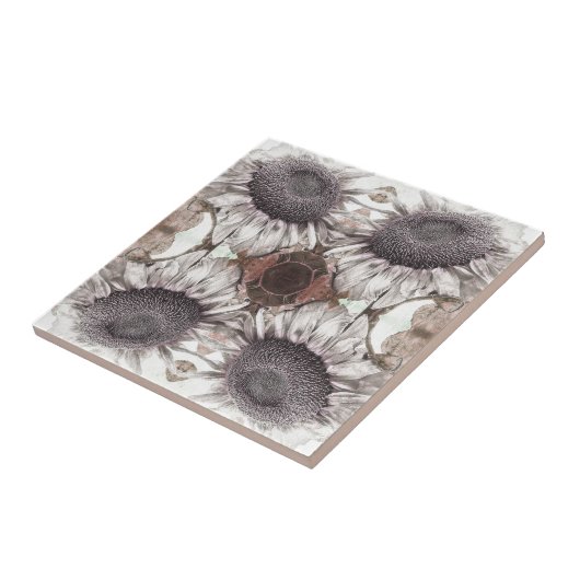 ヴィンテージサンフラワーアールヌーボーセピアブラウンフローラ タイル (側面)