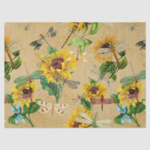 ヴィンテージサンフラワーズアンドドラゴンフライズデコパージュ