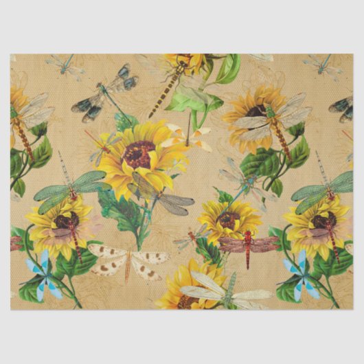 ヴィンテージサンフラワーズアンドドラゴンフライズデコパージュ 薄葉紙 (正面)