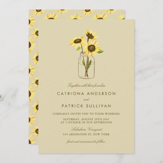 ヴィンテージサンフラワーズオンメイソンジャー結婚式招待状 招待状 (正面/裏面)