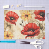 ヴィンテージサンフラワー&レッドポピーティッシュペーパー 薄葉紙 (クラフト)