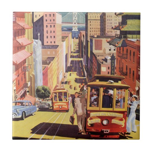 ヴィンテージサンフランシスコのケーブルカー旅行ポスターアート タイル (正面)