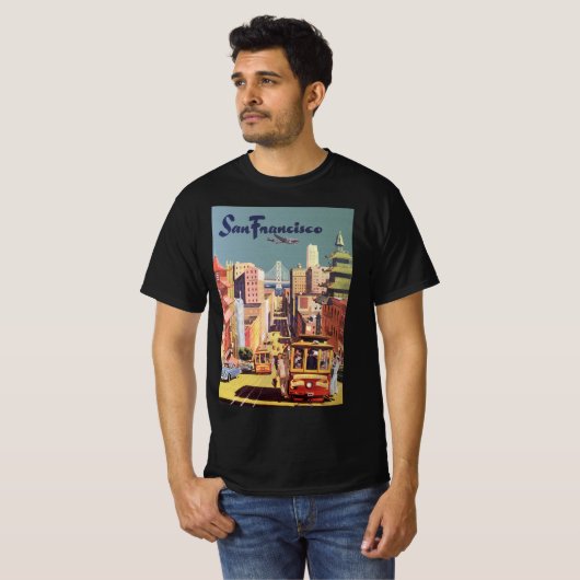ヴィンテージサンフランシスコのケーブルカー旅行ポスターアート Tシャツ (正面フル)