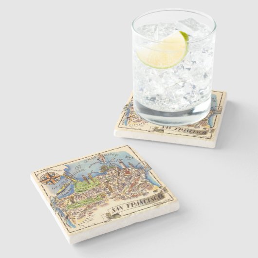 ヴィンテージサンフランシスコの図解入りの、写真付きの地図 ストーンコースター (横)