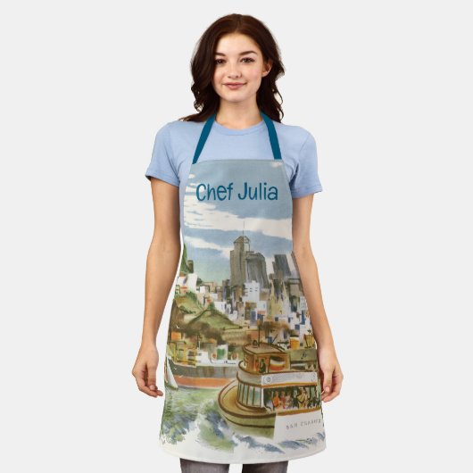 ヴィンテージサンフランシスコベイトラベルポスターフェリーボート エプロン (着用した状態)