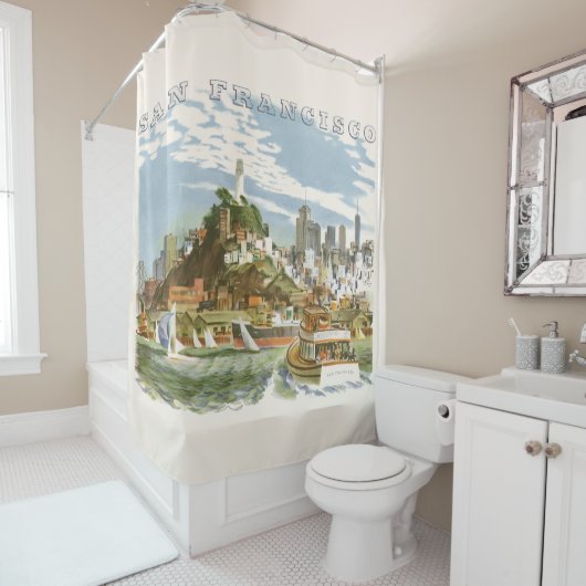 ヴィンテージサンフランシスコベイトラベルポスターフェリーボート シャワーカーテン (インサイチュ)