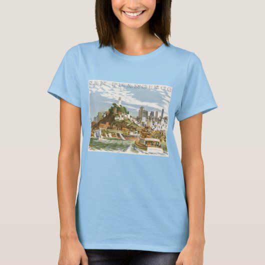 ヴィンテージサンフランシスコベイトラベルポスターフェリーボート Tシャツ (正面)
