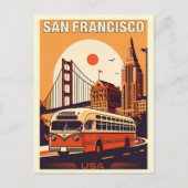 ヴィンテージサンフランシスコ、道路上のCA古いバス ポストカード (正面)