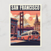 ヴィンテージサンフランシスコ、道路上のCA古いバス ポストカード (正面)