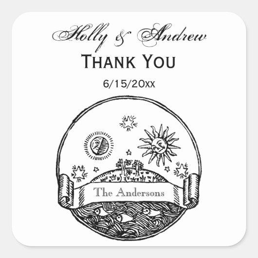 ヴィンテージサンムーンスターズ海プラネットアーススケッチ スクエアシール (正面)