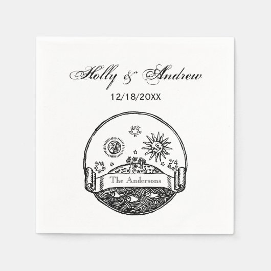 ヴィンテージサンムーンスターズ海プラネットアーススケッチ スタンダードカクテルナプキン (正面)