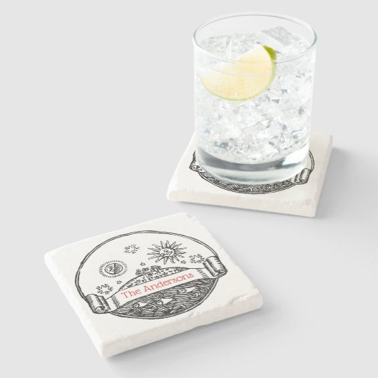 ヴィンテージサンムーンスターズ海プラネットアーススケッチ ストーンコースター (横)