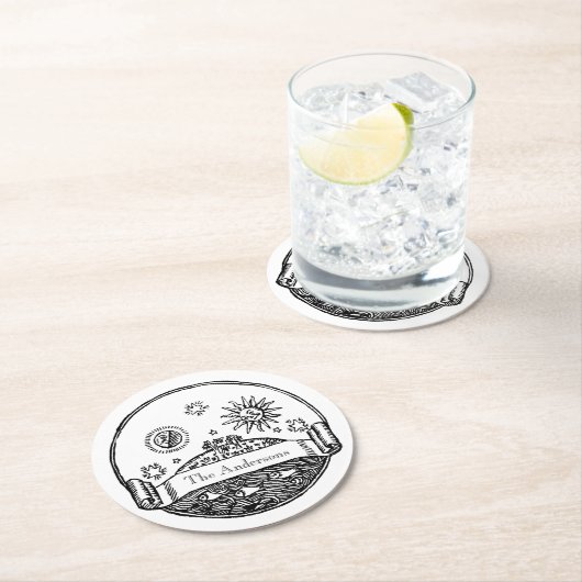 ヴィンテージサンムーンスターズ海プラネットアーススケッチ ラウンドペーパーコースター (インサイチュ)