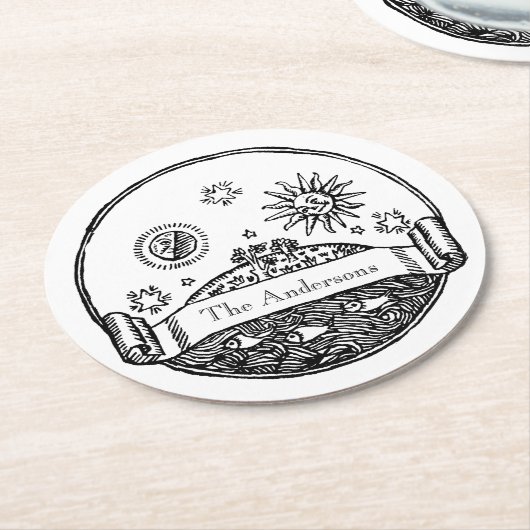 ヴィンテージサンムーンスターズ海プラネットアーススケッチ ラウンドペーパーコースター (アングル)