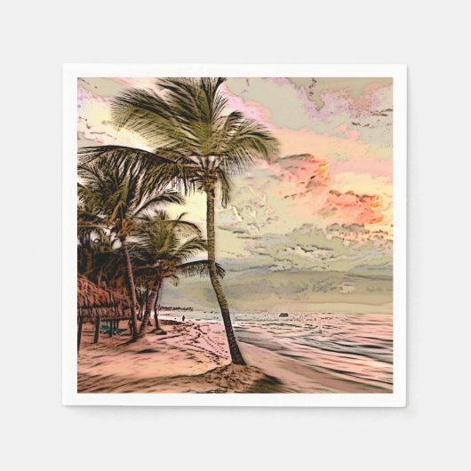ヴィンテージサンライズビーチパームツリーズデクページ スタンダードカクテルナプキン (正面)