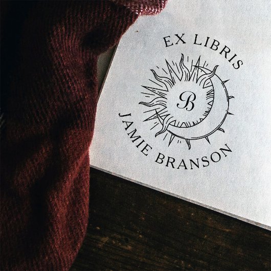 ヴィンテージサン&ムーンイニシャルラウンドEx Librisブック ラバースタンプ