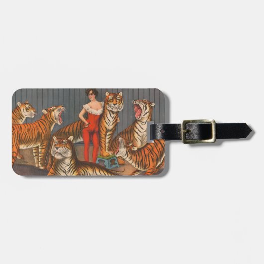 ヴィンテージサーカスのポスター6頭の虎を持つ女性。 ラゲッジタグ (正面横)