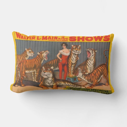 ヴィンテージサーカスのポスター6頭の虎を持つ女性。 ランバークッション (正面)