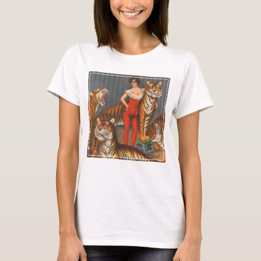 ヴィンテージサーカスのポスター6頭の虎を持つ女性。 Tシャツ (正面)
