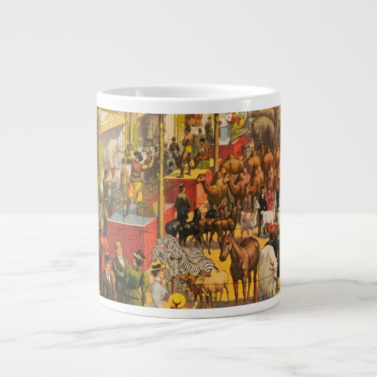ヴィンテージサーカスの動物とパフォーマーのポスター ジャンボコーヒーマグカップ (正面)