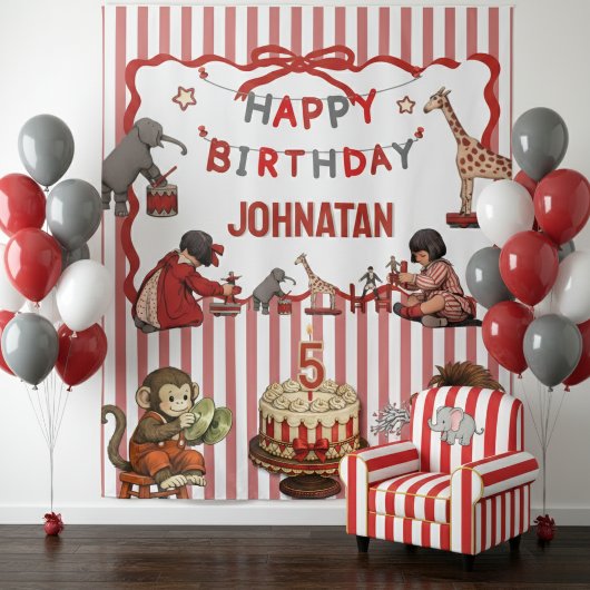 ヴィンテージサーカスの誕生日背景 名前と年齢のカスタム タペストリー