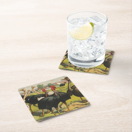 ヴィンテージサーカスはダチョウと大きな鳥を示している。 スクエアペーパーコースター (インサイチュ)