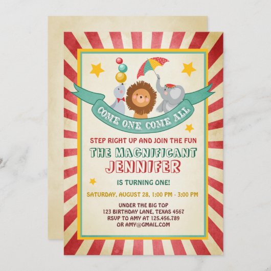 ヴィンテージサーカスカーニバル誕生日の招待 招待状 (正面/裏面)