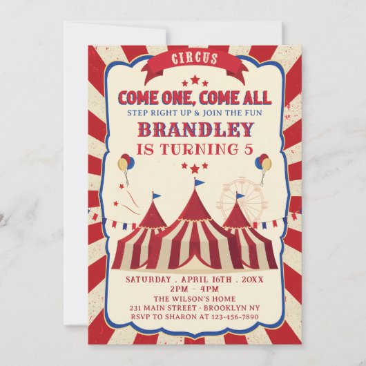 ヴィンテージサーカスカーニバル誕生日パーティー 招待状 (正面)