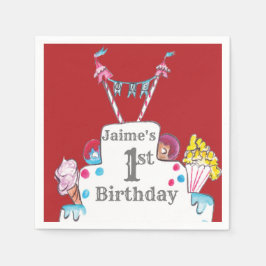 ヴィンテージサーカスケーキ1stバースデーウォーターカラー スタンダードカクテルナプキン