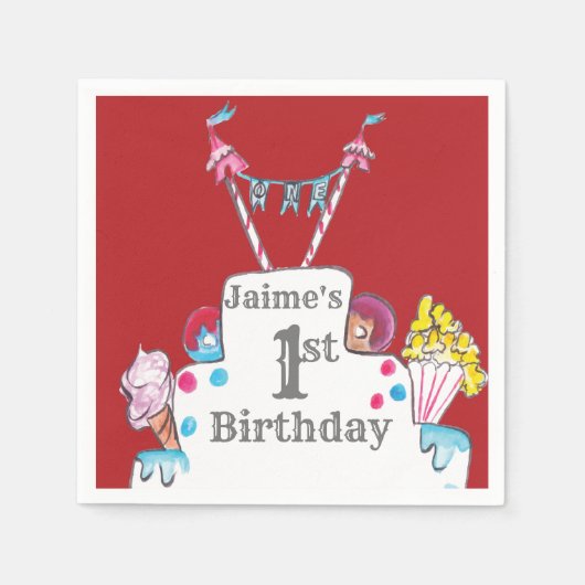 ヴィンテージサーカスケーキ1stバースデーウォーターカラー スタンダードカクテルナプキン (正面)
