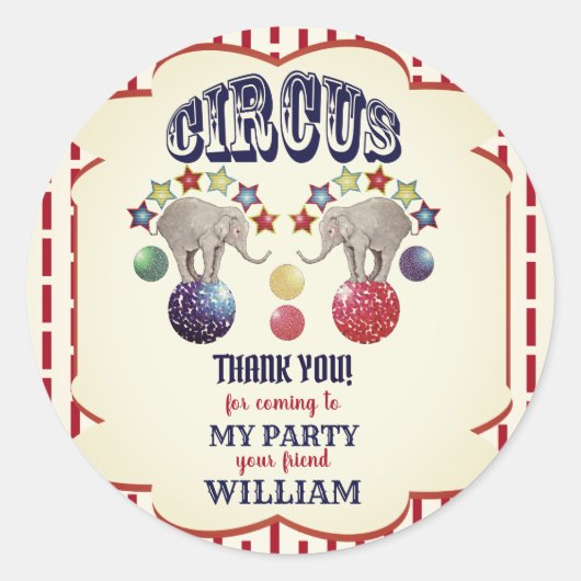 ヴィンテージサーカスゾウ |誕生日パーティーのお気に入り ラウンドシール (正面)
