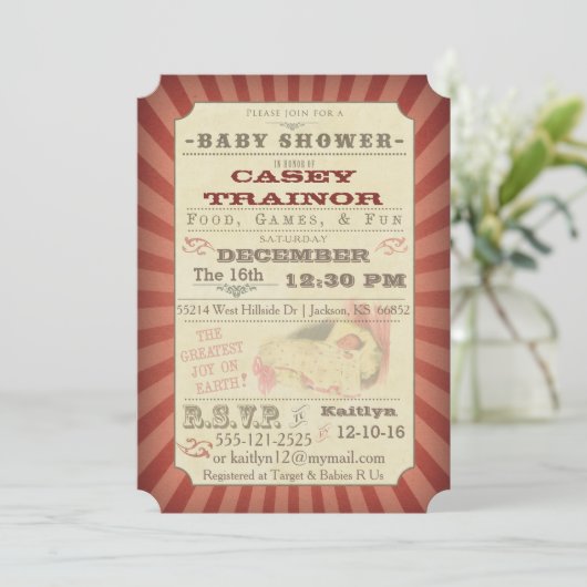 ヴィンテージサーカスチケットベビーガールシャワー招待状 招待状 (スタンド正面)