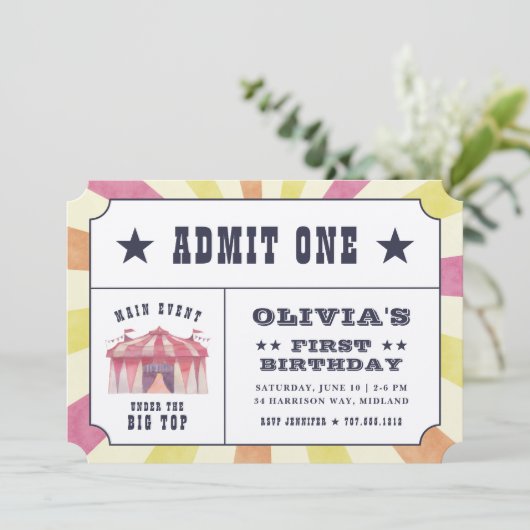 ヴィンテージサーカスチケット誕生日パーティーの招待 招待状 (スタンド正面)