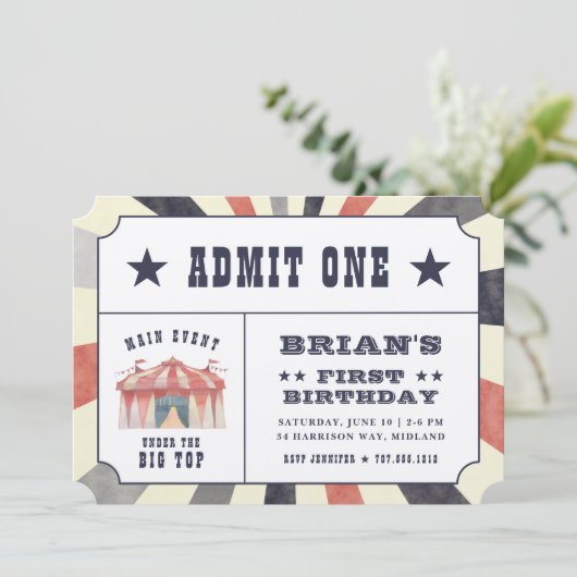 ヴィンテージサーカスチケット誕生日パーティーの招待 招待状 (スタンド正面)