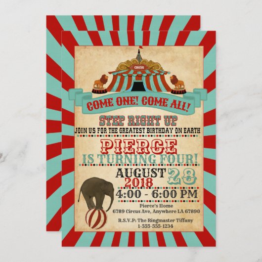 ヴィンテージサーカスバースデーパーティーの招待 招待状 (正面/裏面)
